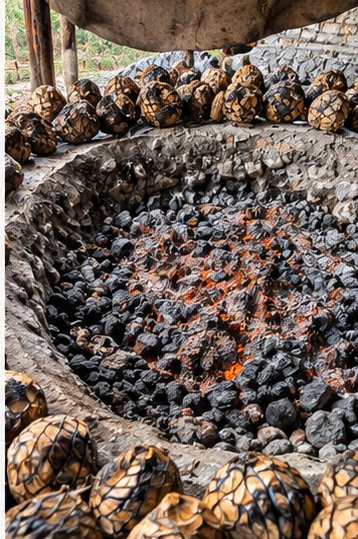 Horno y piñas de agave en el proceso de Barranca de Jalpa